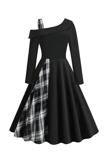Vestido a cuadros negros de un hombro de estilo retro de la década de 1950